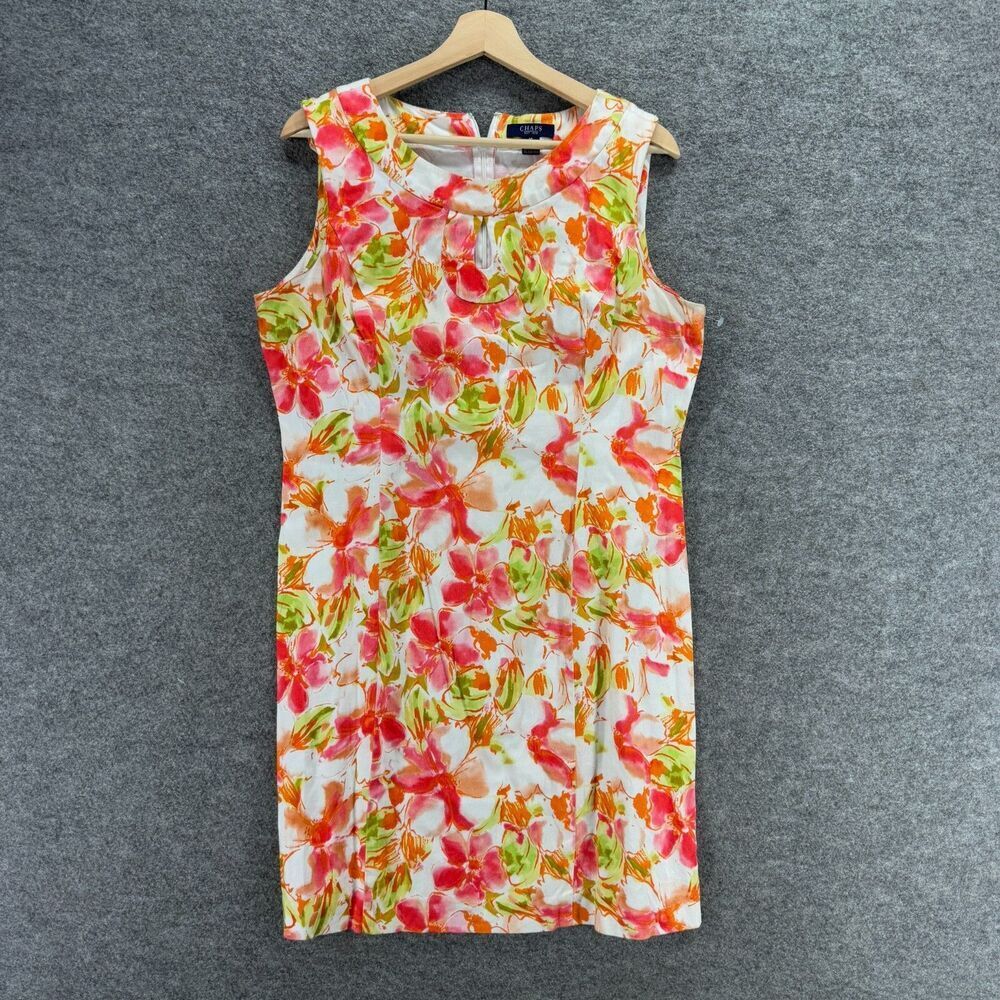 Chaps Dress Women 16 White Floral Sheath Midi Zipper Sleeveless Crew Neck Cotton